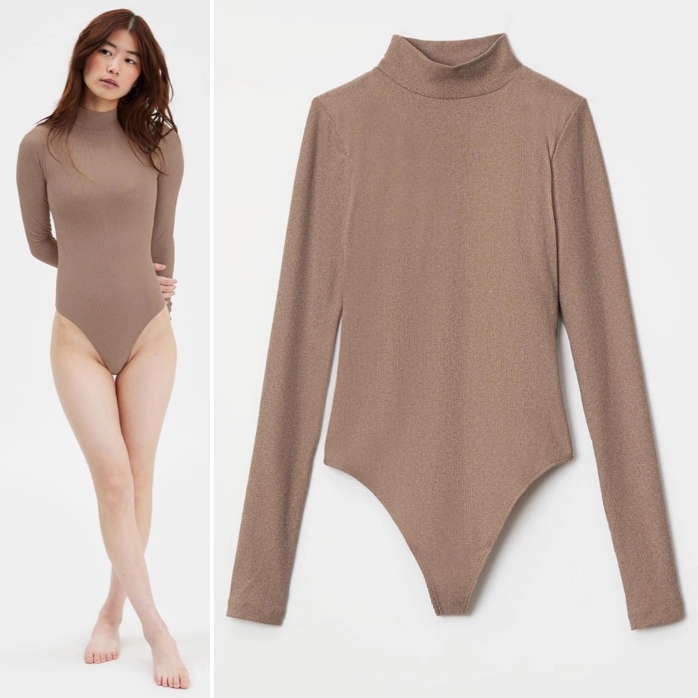 GIRLFRIEND COLLECTIVE Tan Fog Vivien Mock Neck Brief Bottom Bodysuit Large